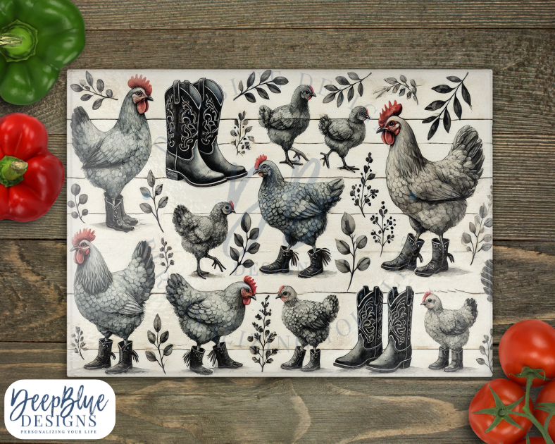 Chickens in boots Glass Cutting Board