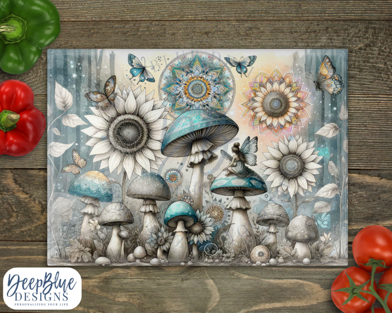 Blue Mushroom Glass Cutting Board