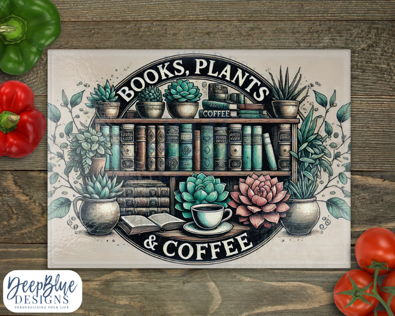 Books, Plants & Coffee Glass Cutting Board