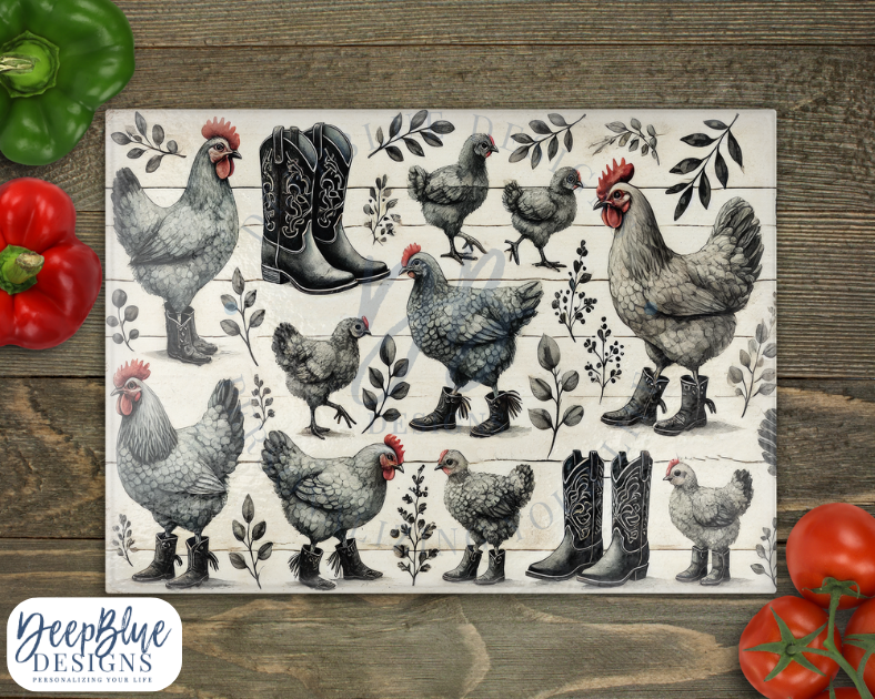 Chickens in boots  Glass Cutting Board