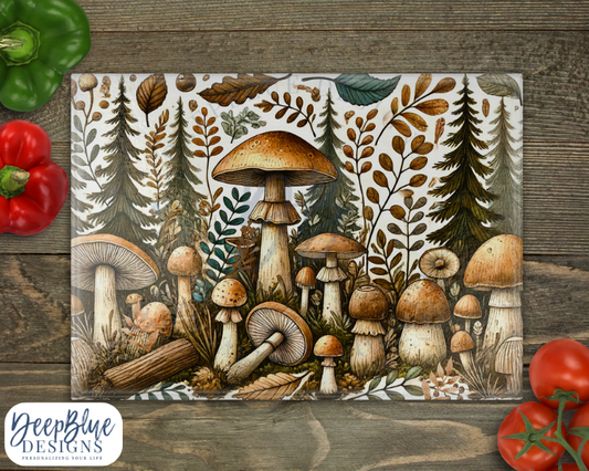 Rustic Mushrooms Glass Cutting Board