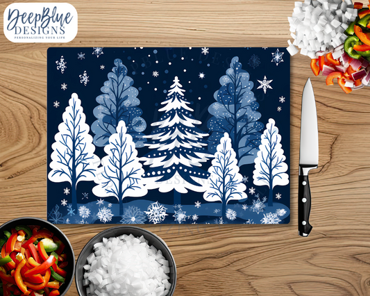 Blue Christmas Glass Cutting Board