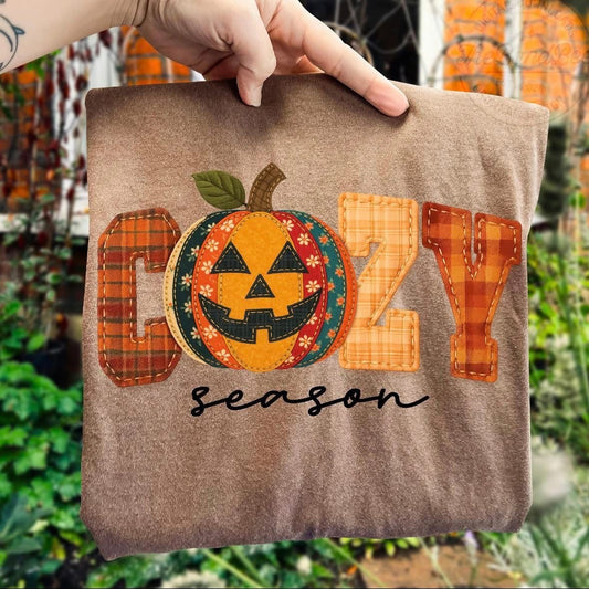 t-shirt with a fall graphic that says ‘Cozy Season,’ featuring a plaid patchwork pumpkin jack-o’-lantern design