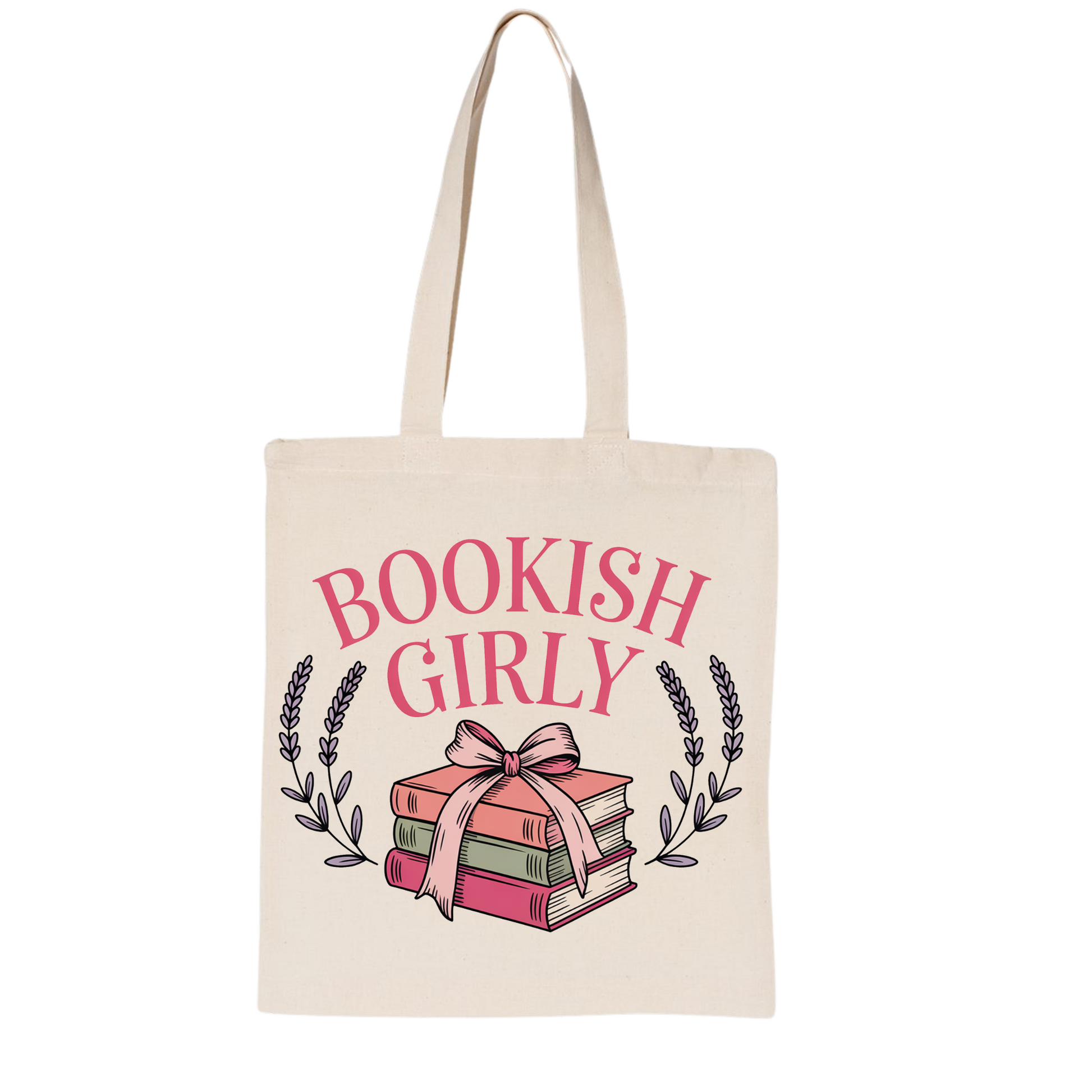 Tote bag with 'Bookish Girly' design featuring books and a bow on a white background