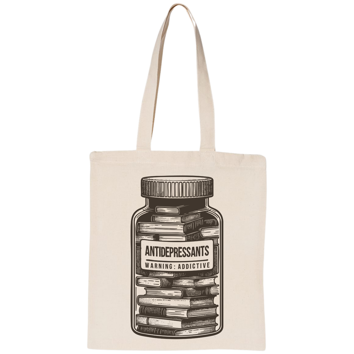 Tote bag with a jar of antidepressants design on a white background
