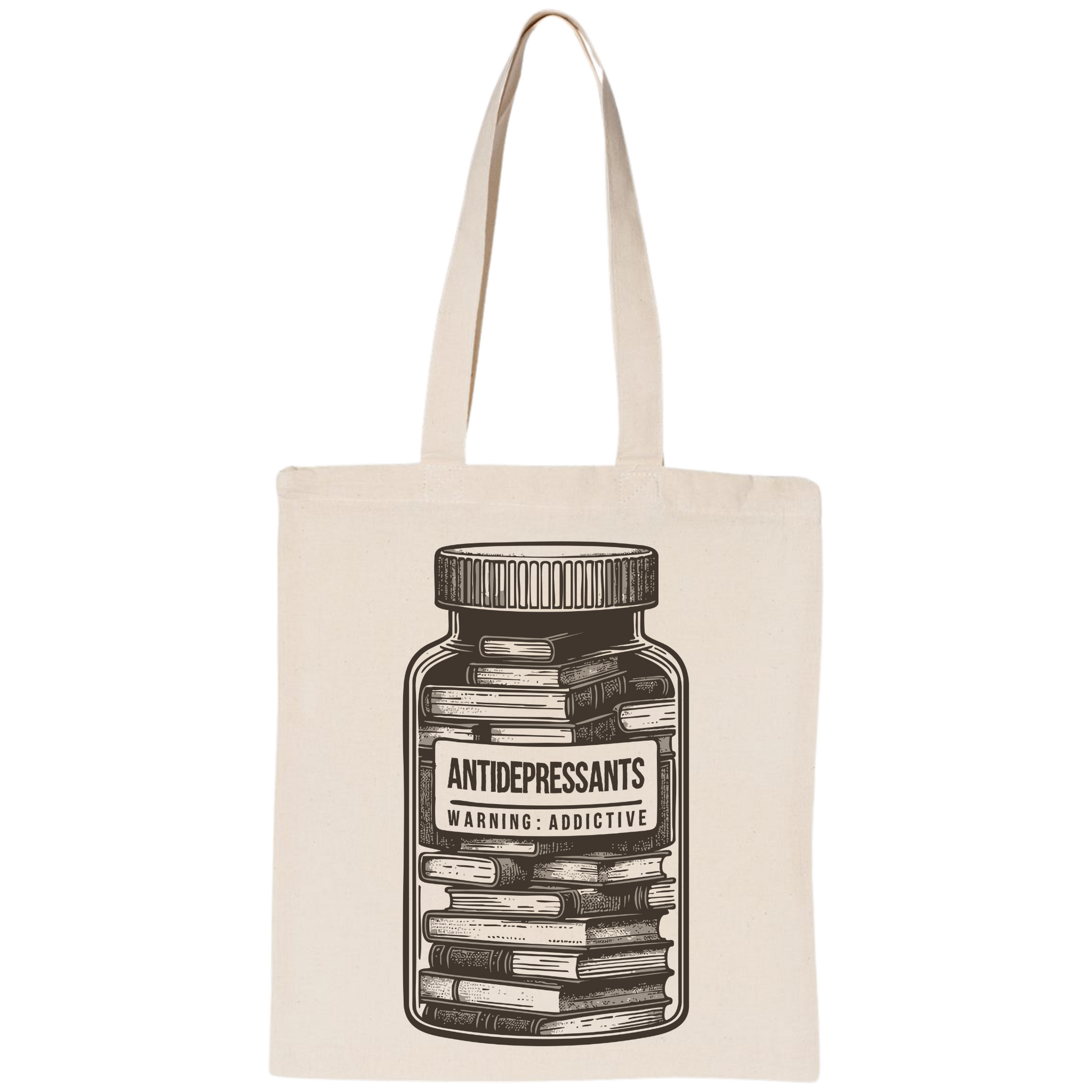 Tote bag with a jar of antidepressants design on a white background