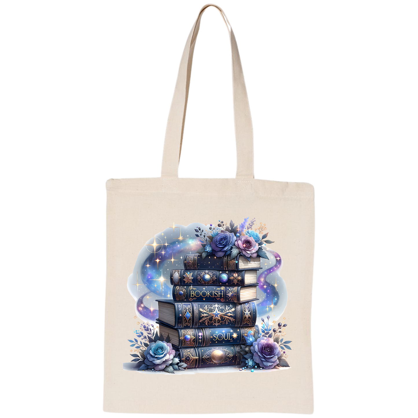 Tote bag with a design of books and flowers on a white background