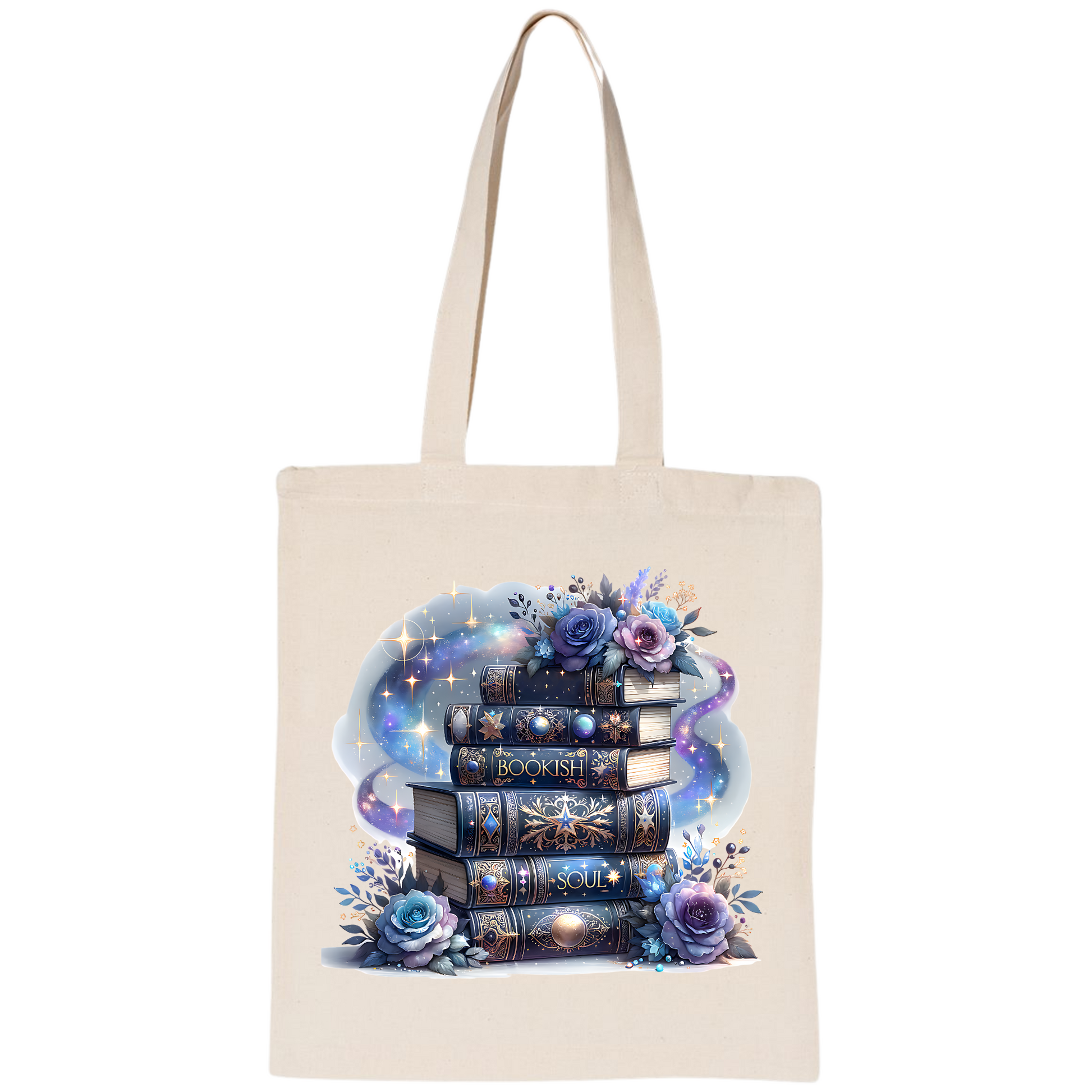 Tote bag with a design of books and flowers on a white background