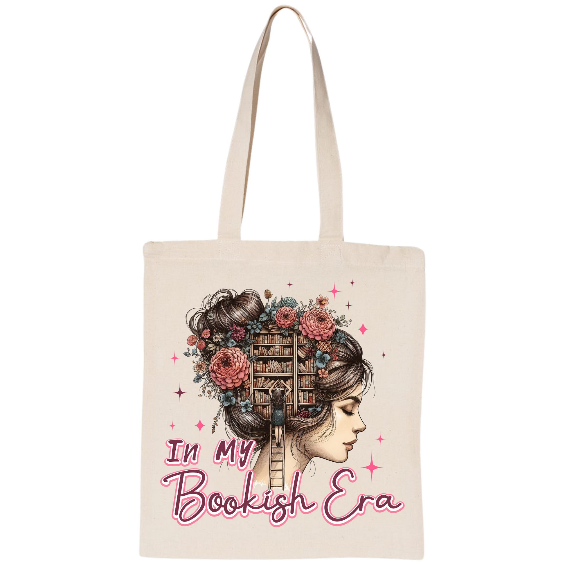 Tote bag with a design of a woman's head with flowers and books, and text 'In My Bookish Era' on a white background.