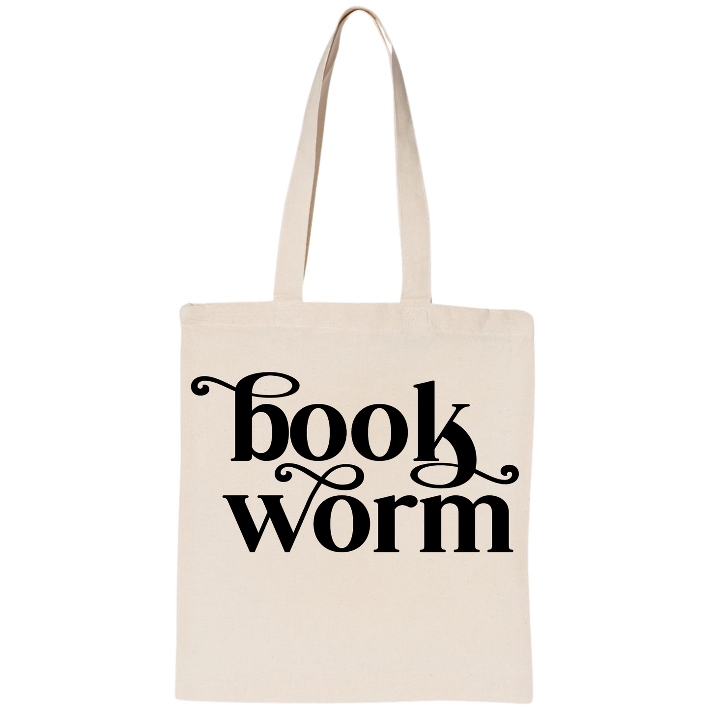 Beige tote bag with 'book worm' text on a white background