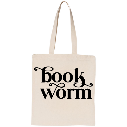 Beige tote bag with 'book worm' text on a white background